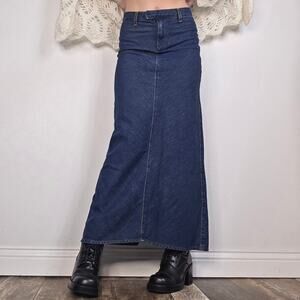Denim Maxi Skirt Dark Wash Y2K Back Slit Boho Festival Costal Cowgirl